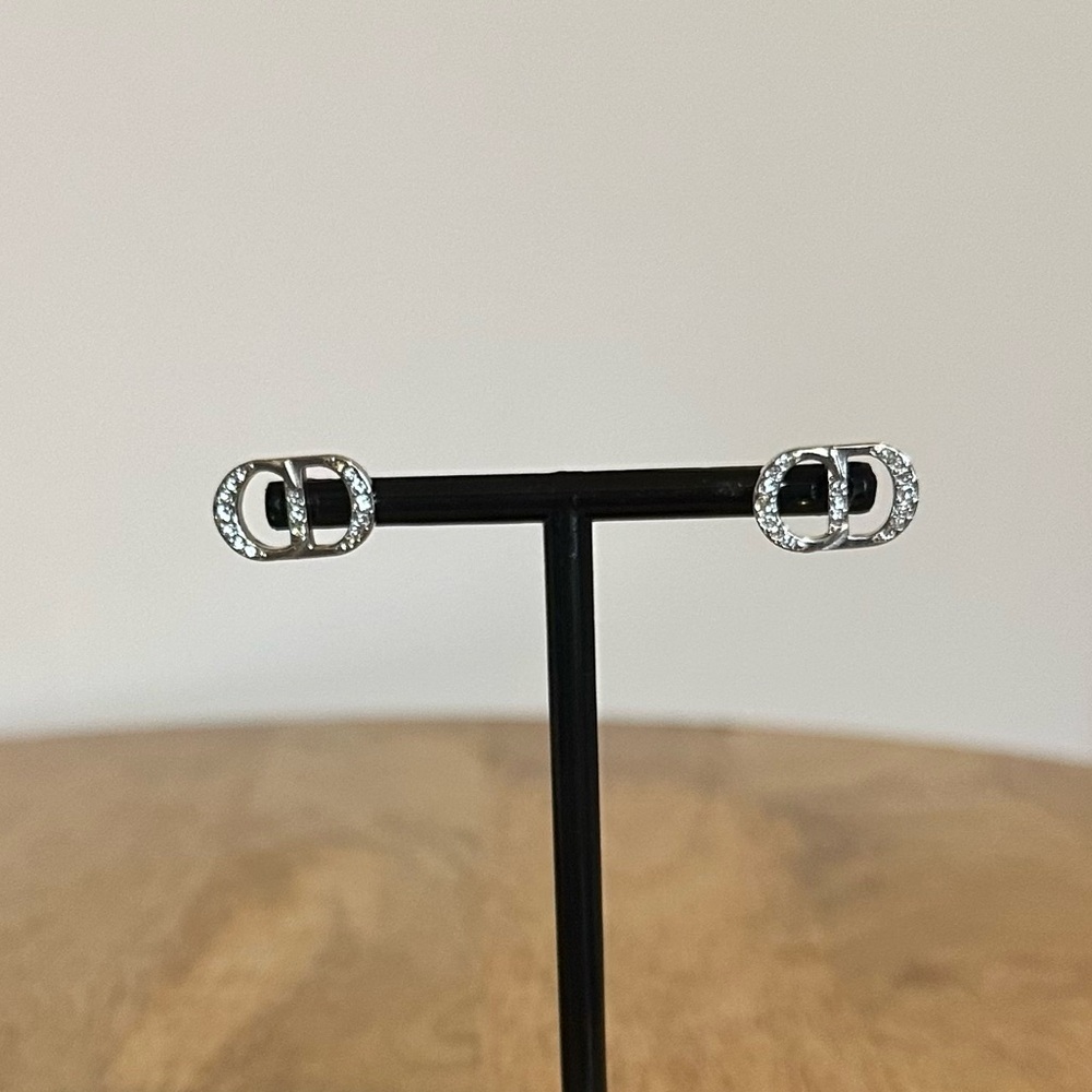 CD Icon Earrings Silver and White Crystals .925 Sterling Silver Stud Earrings - Picture 4 of 9